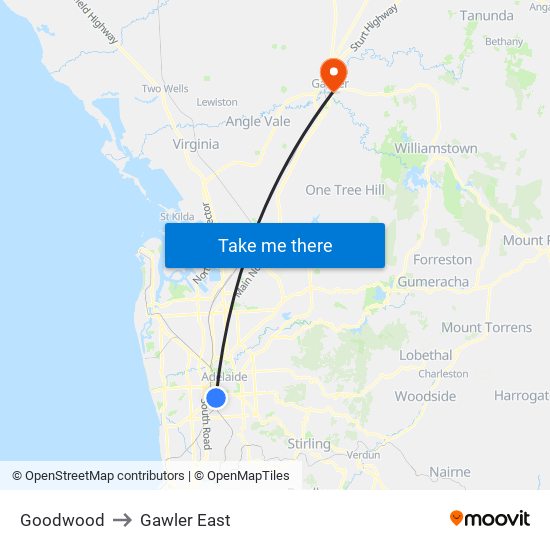 Goodwood to Gawler East map