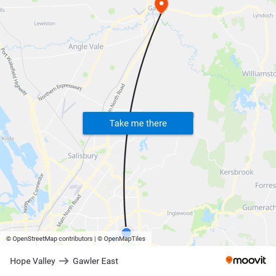 Hope Valley to Gawler East map