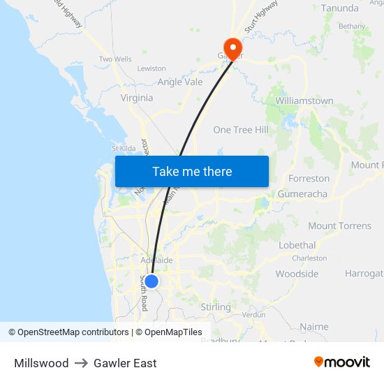 Millswood to Gawler East map