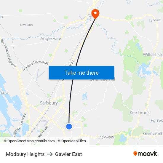 Modbury Heights to Gawler East map