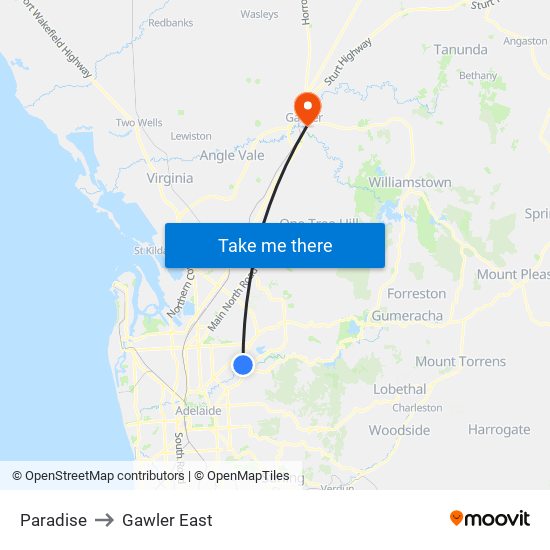 Paradise to Gawler East map