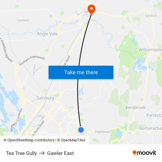 Tea Tree Gully to Gawler East map