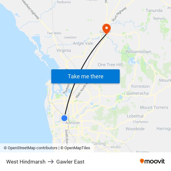 West Hindmarsh to Gawler East map