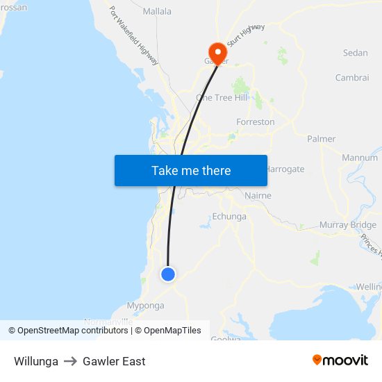 Willunga to Gawler East map