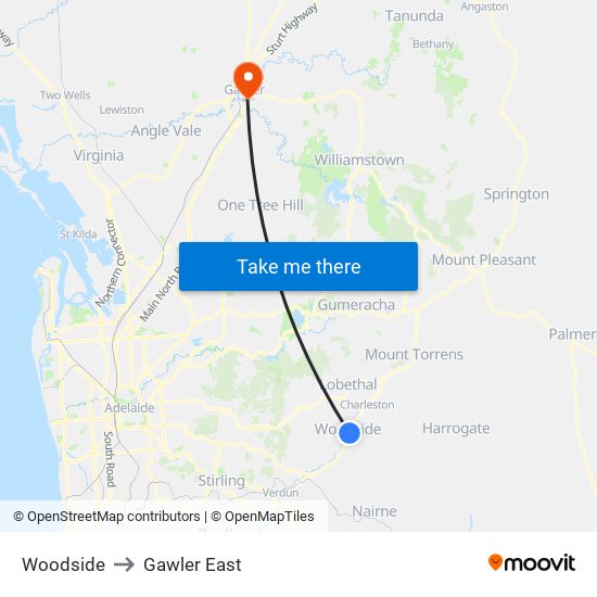 Woodside to Gawler East map