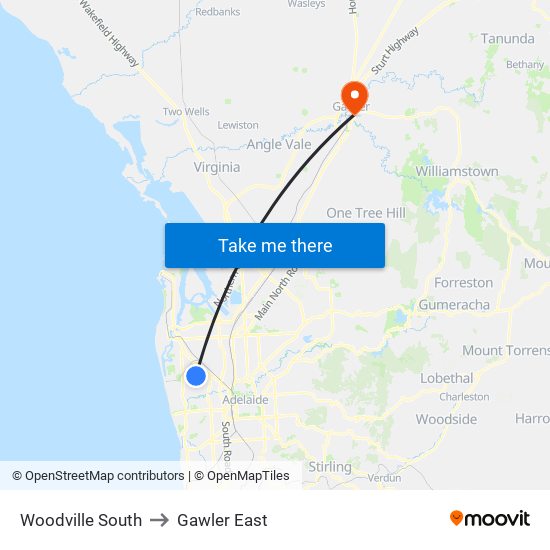 Woodville South to Gawler East map