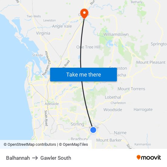 Balhannah to Gawler South map