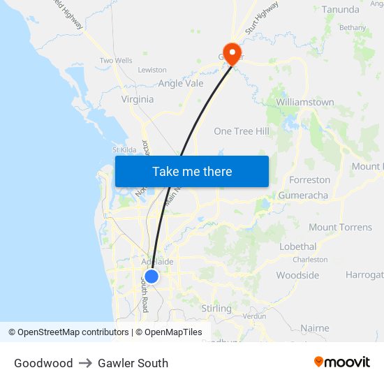 Goodwood to Gawler South map