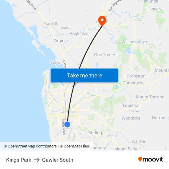 Kings Park to Gawler South map