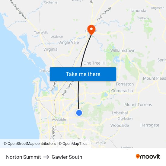 Norton Summit to Gawler South map