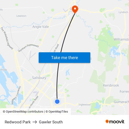 Redwood Park to Gawler South map