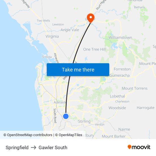 Springfield to Gawler South map