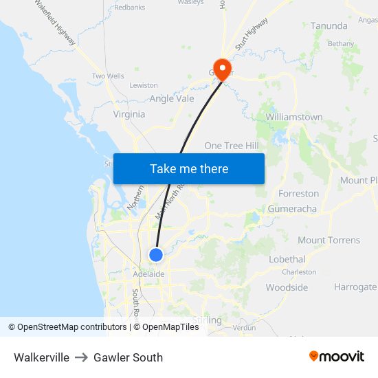 Walkerville to Gawler South map