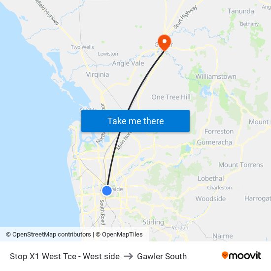 Stop X1 West Tce - West side to Gawler South map