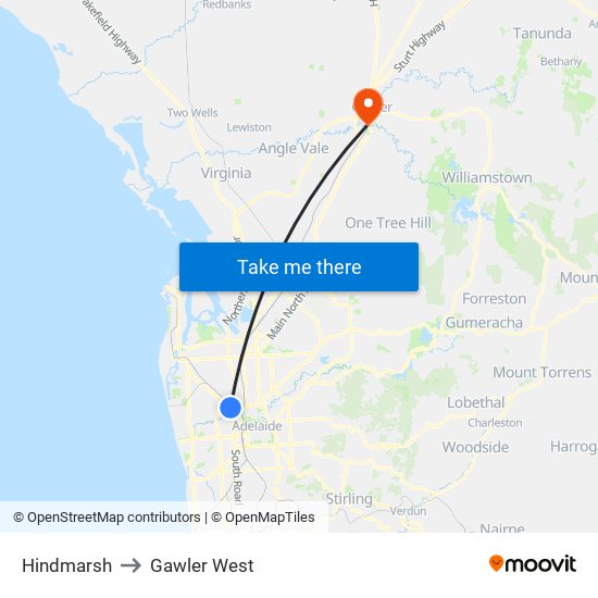 Hindmarsh to Gawler West map