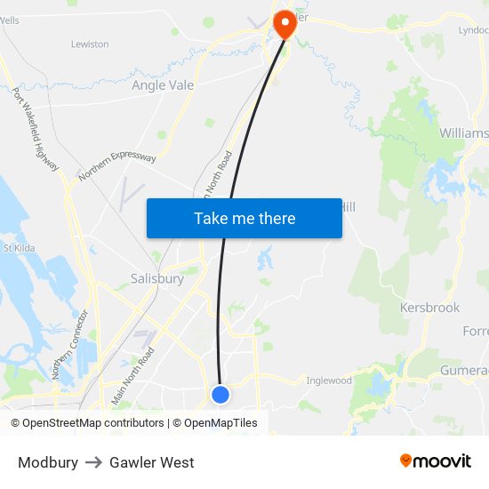 Modbury to Gawler West map