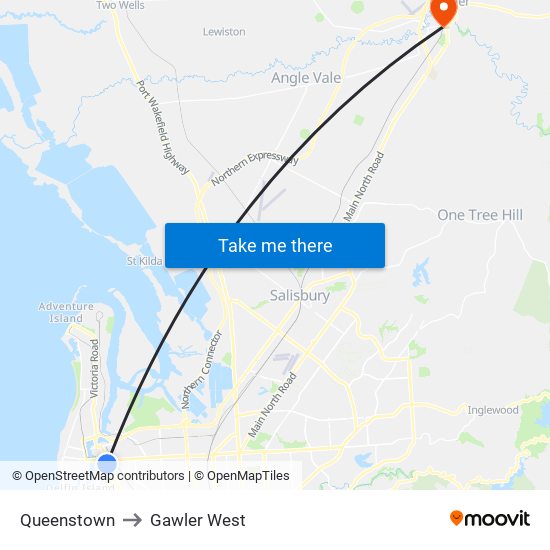 Queenstown to Gawler West map