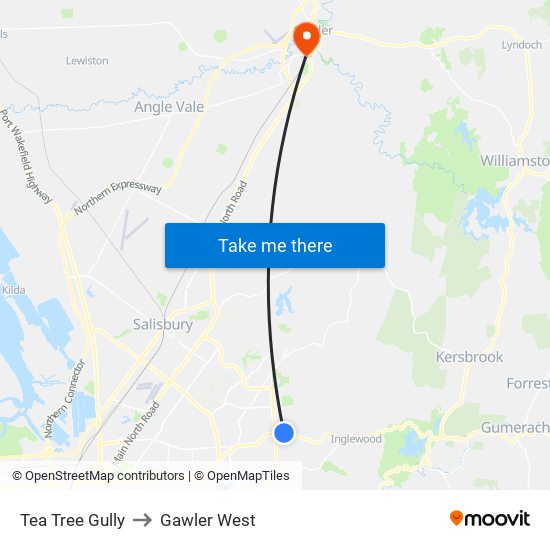 Tea Tree Gully to Gawler West map