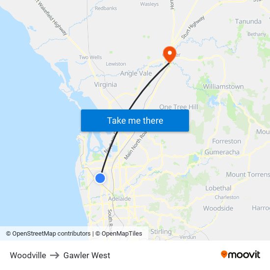Woodville to Gawler West map