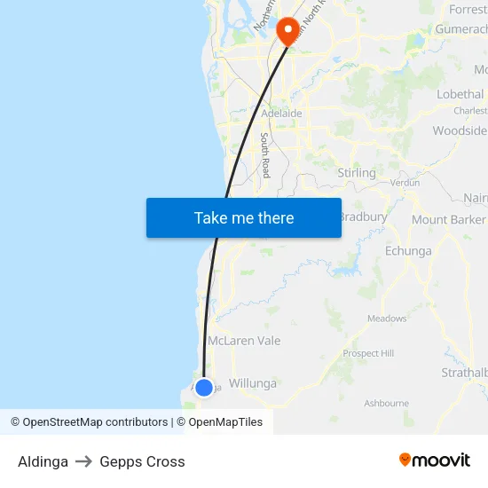 Aldinga to Gepps Cross map
