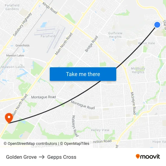 Golden Grove to Gepps Cross map