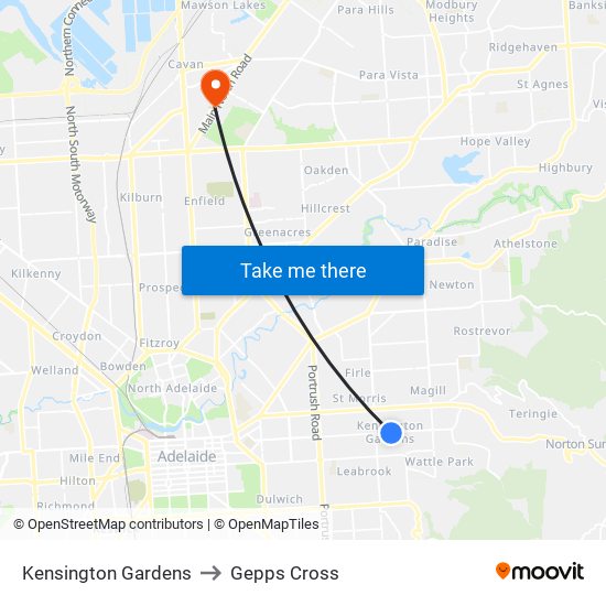 Kensington Gardens to Gepps Cross map