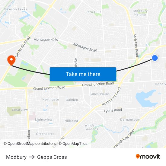 Modbury to Gepps Cross map