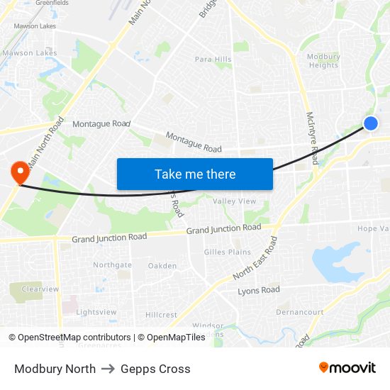 Modbury North to Gepps Cross map