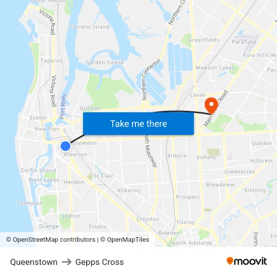 Queenstown to Gepps Cross map