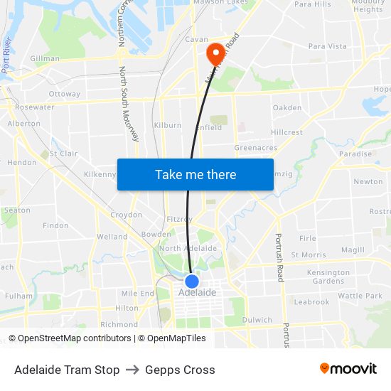 Adelaide Tram Stop to Gepps Cross map