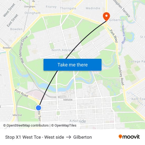 Stop X1 West Tce - West side to Gilberton map