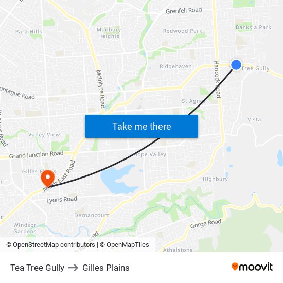 Tea Tree Gully to Gilles Plains map