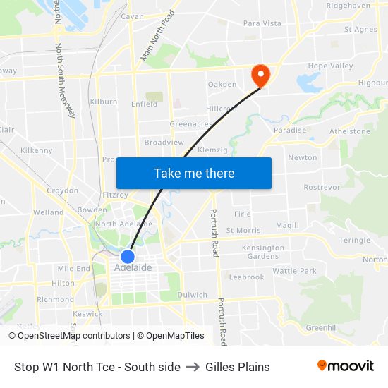 Stop W1 North Tce - South side to Gilles Plains map