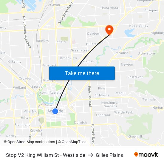Stop V2 King William St - West side to Gilles Plains map