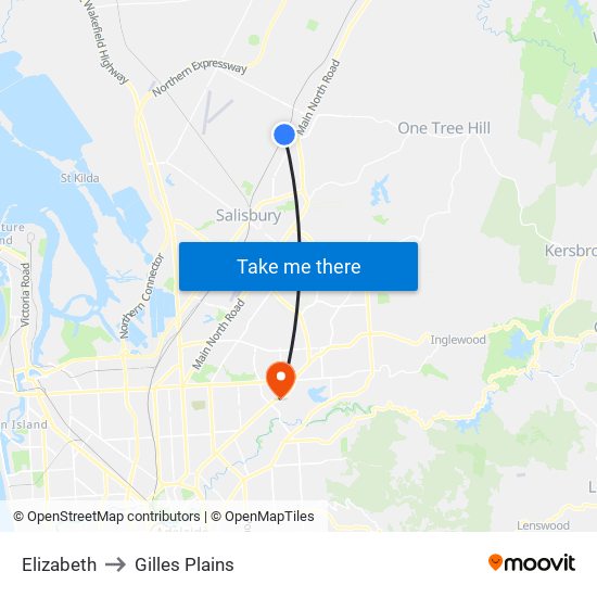 Elizabeth to Gilles Plains map