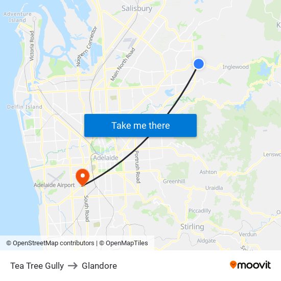 Tea Tree Gully to Glandore map