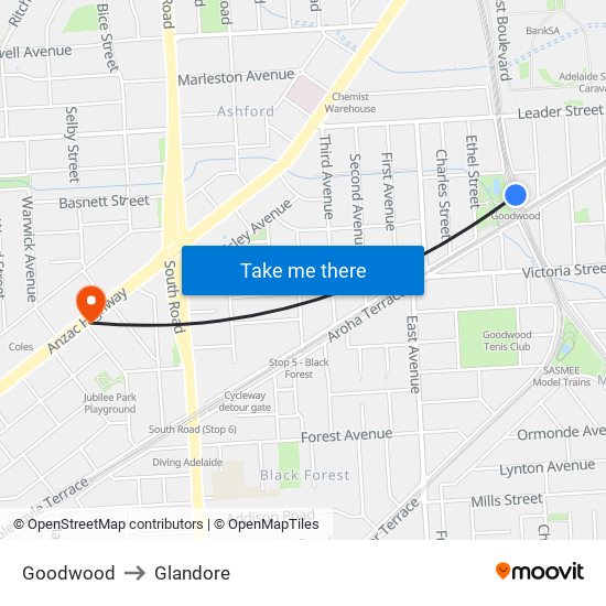 Goodwood to Glandore map