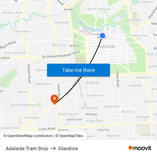 Adelaide Tram Stop to Glandore map