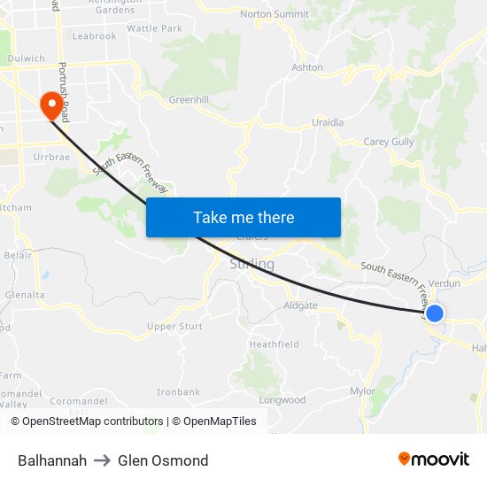 Balhannah to Glen Osmond map