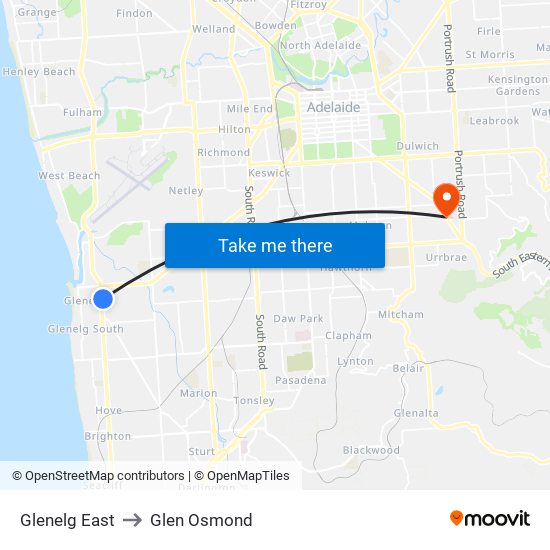 Glenelg East to Glen Osmond map