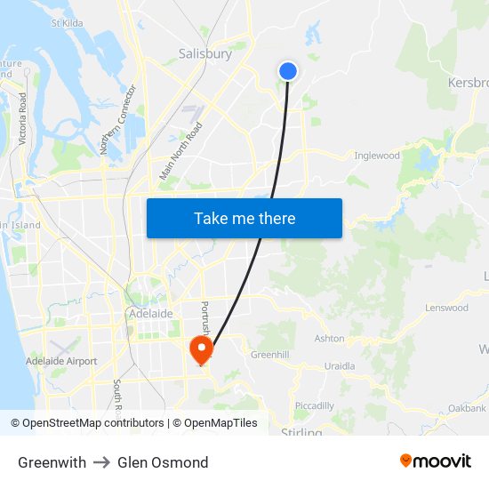 Greenwith to Glen Osmond map