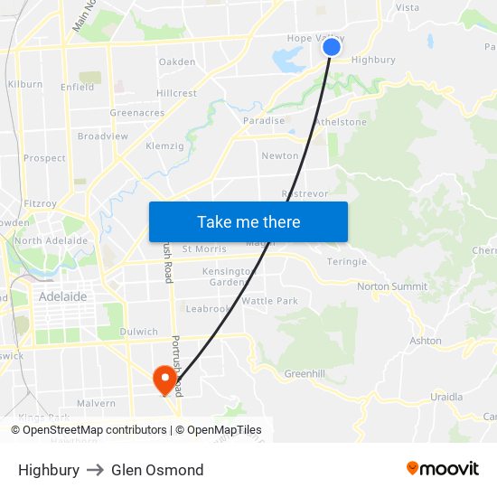 Highbury to Glen Osmond map