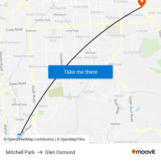 Mitchell Park to Glen Osmond map