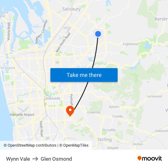 Wynn Vale to Glen Osmond map