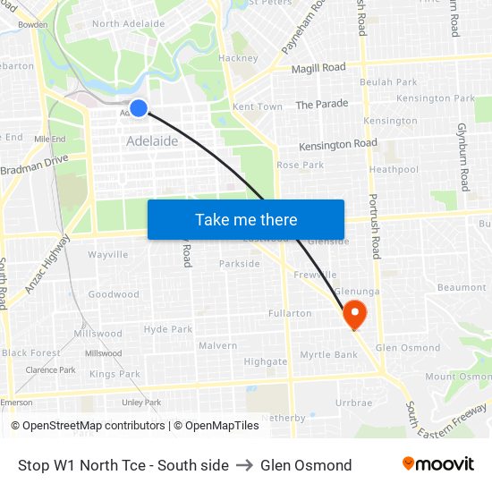 Stop W1 North Tce - South side to Glen Osmond map