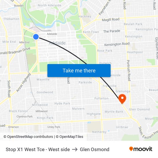 Stop X1 West Tce - West side to Glen Osmond map