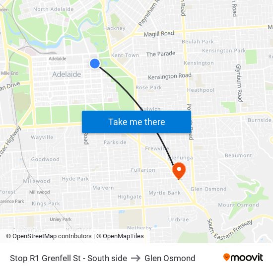 Stop R1 Grenfell St - South side to Glen Osmond map