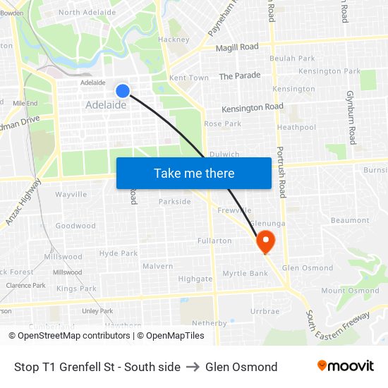 Stop T1 Grenfell St - South side to Glen Osmond map