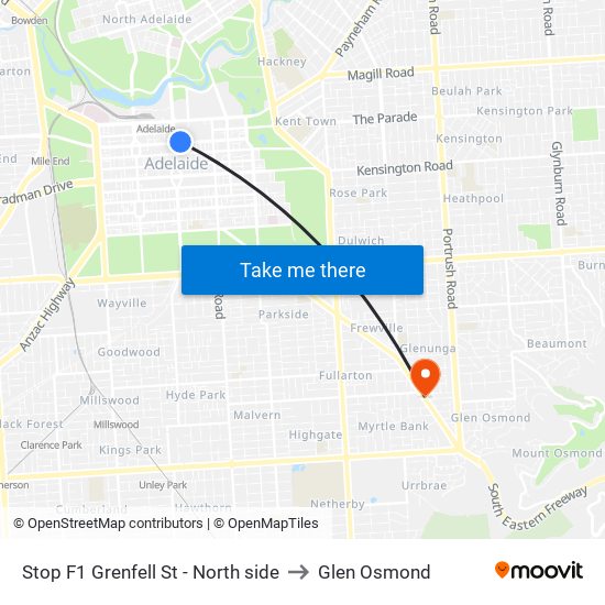 Stop F1 Grenfell St - North side to Glen Osmond map