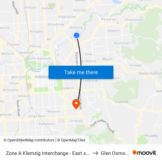 Zone A Klemzig Interchange - East side to Glen Osmond map